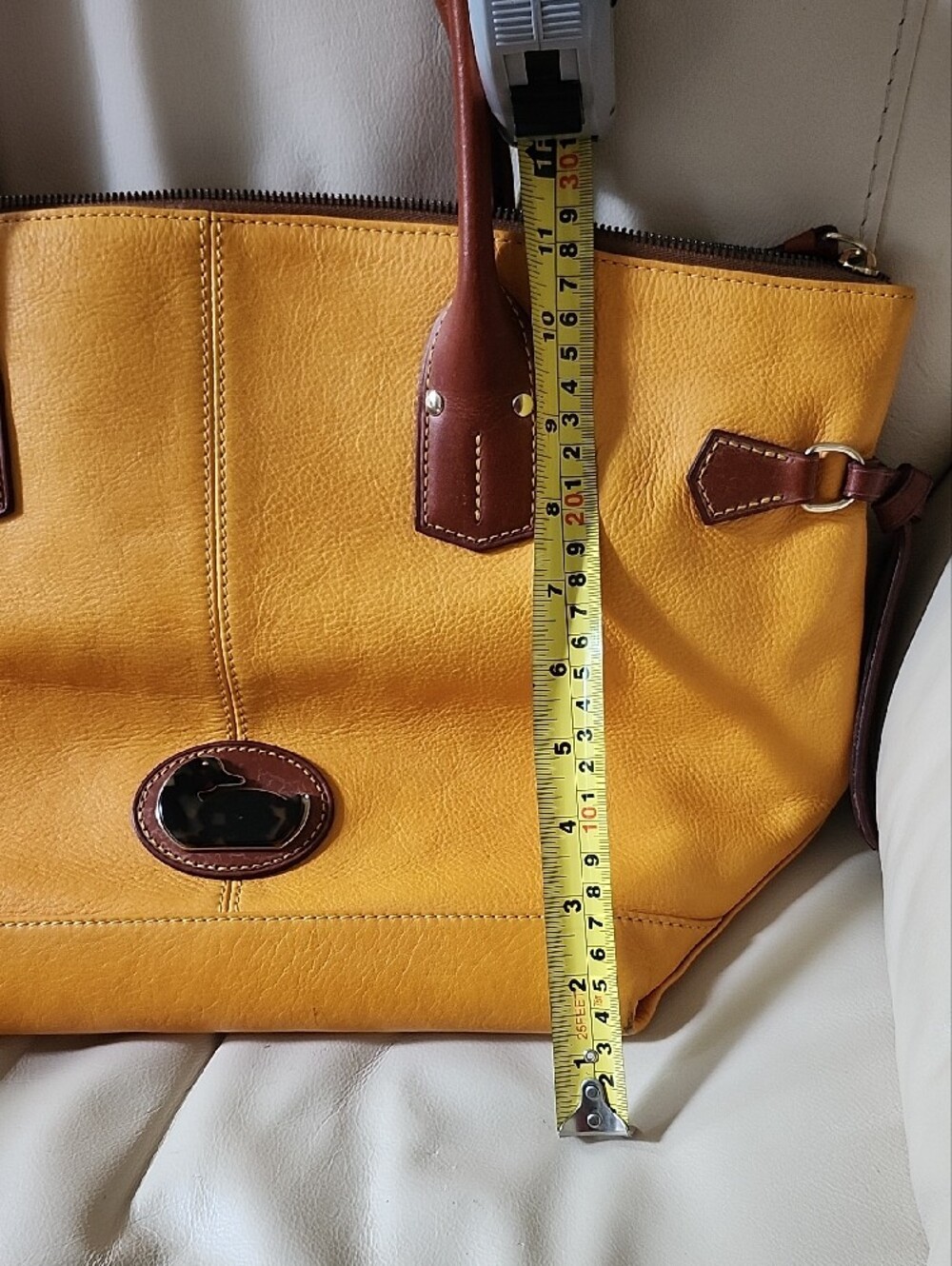 Dooney & Bourke Yellow Leather Tote with Brown Trim and Handles - Picture 8 of 11